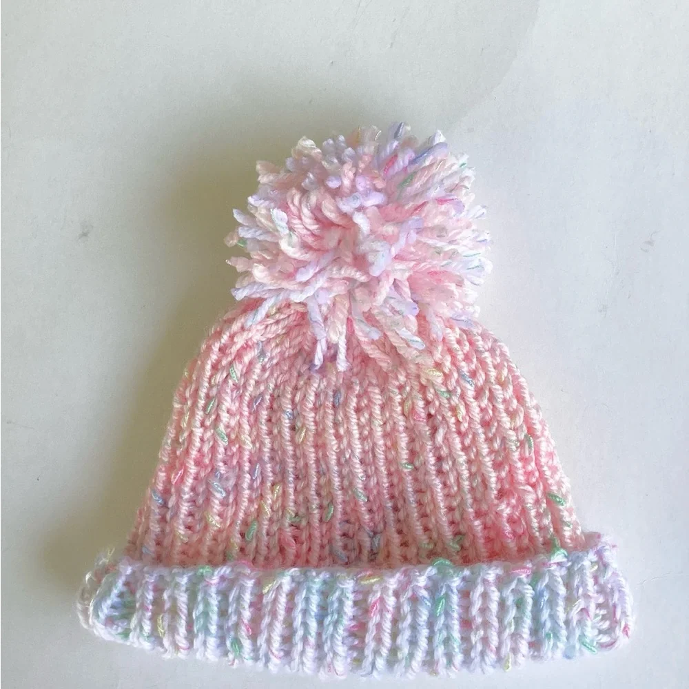 Beanie Pom Pom Hand Crafted Pastel Knit Pink White